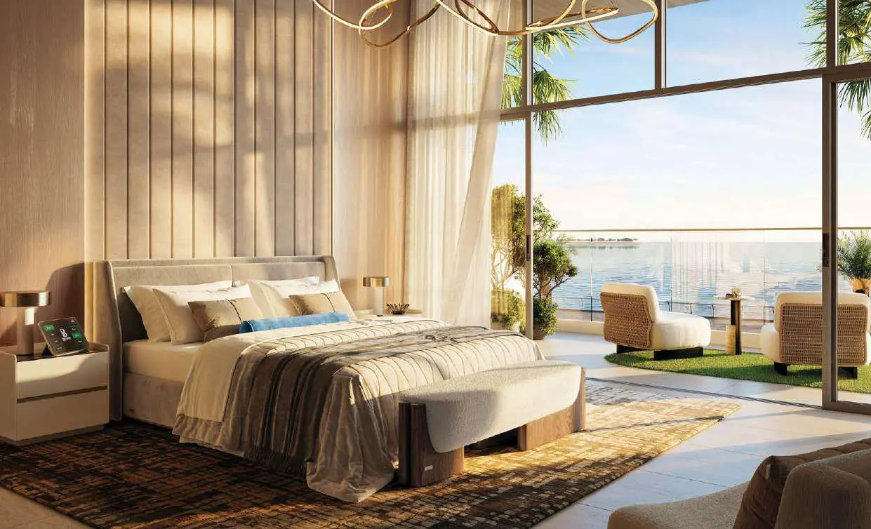 Luxury residential balcony sitting area overlooking the Arabian Gulf at Bab Al Qasr Residence 51 in Al Raha Beach.
