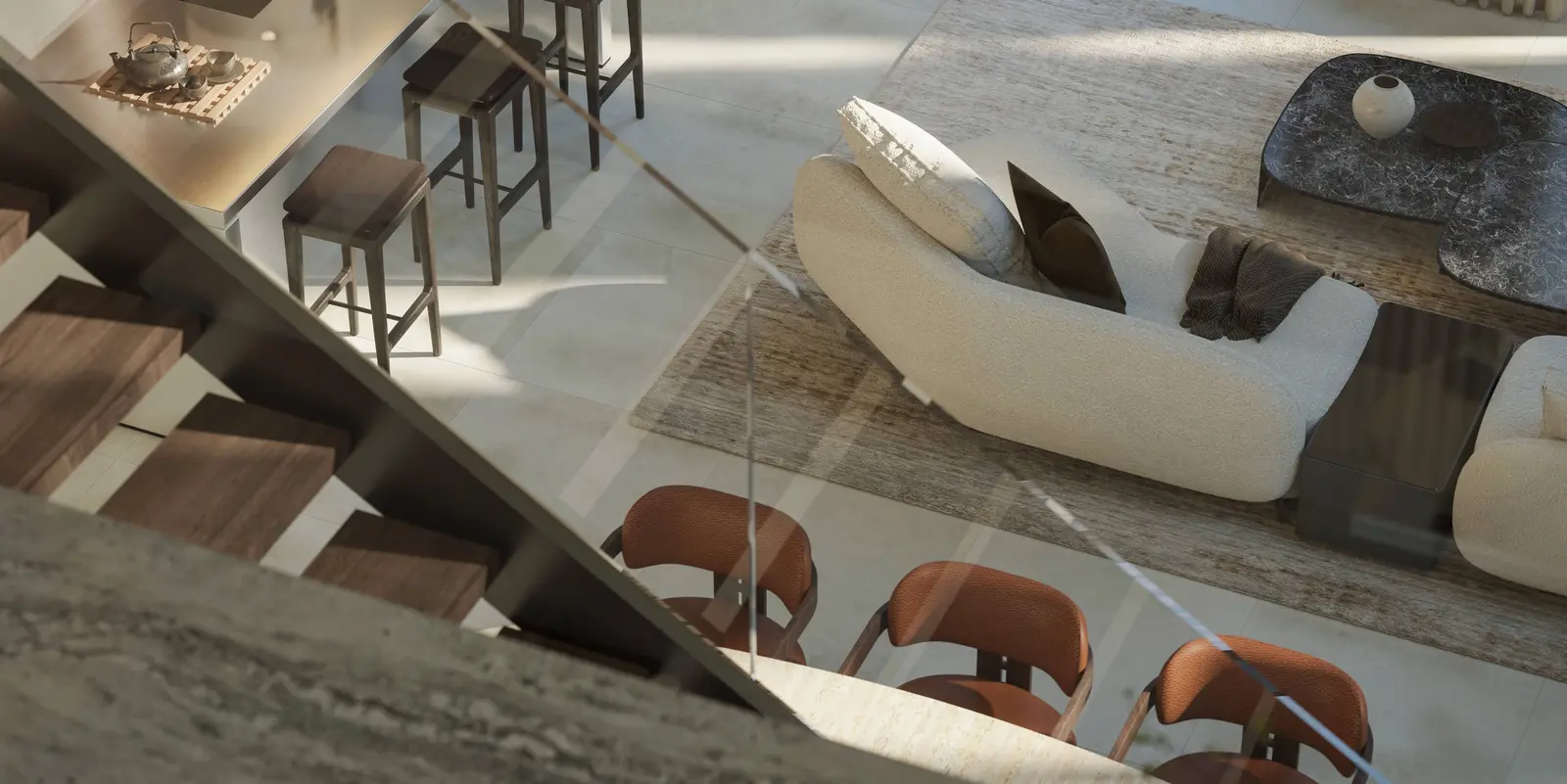 Sei Saadiyat living room interior with warm natural materials, soft lighting and modern minimalist design
