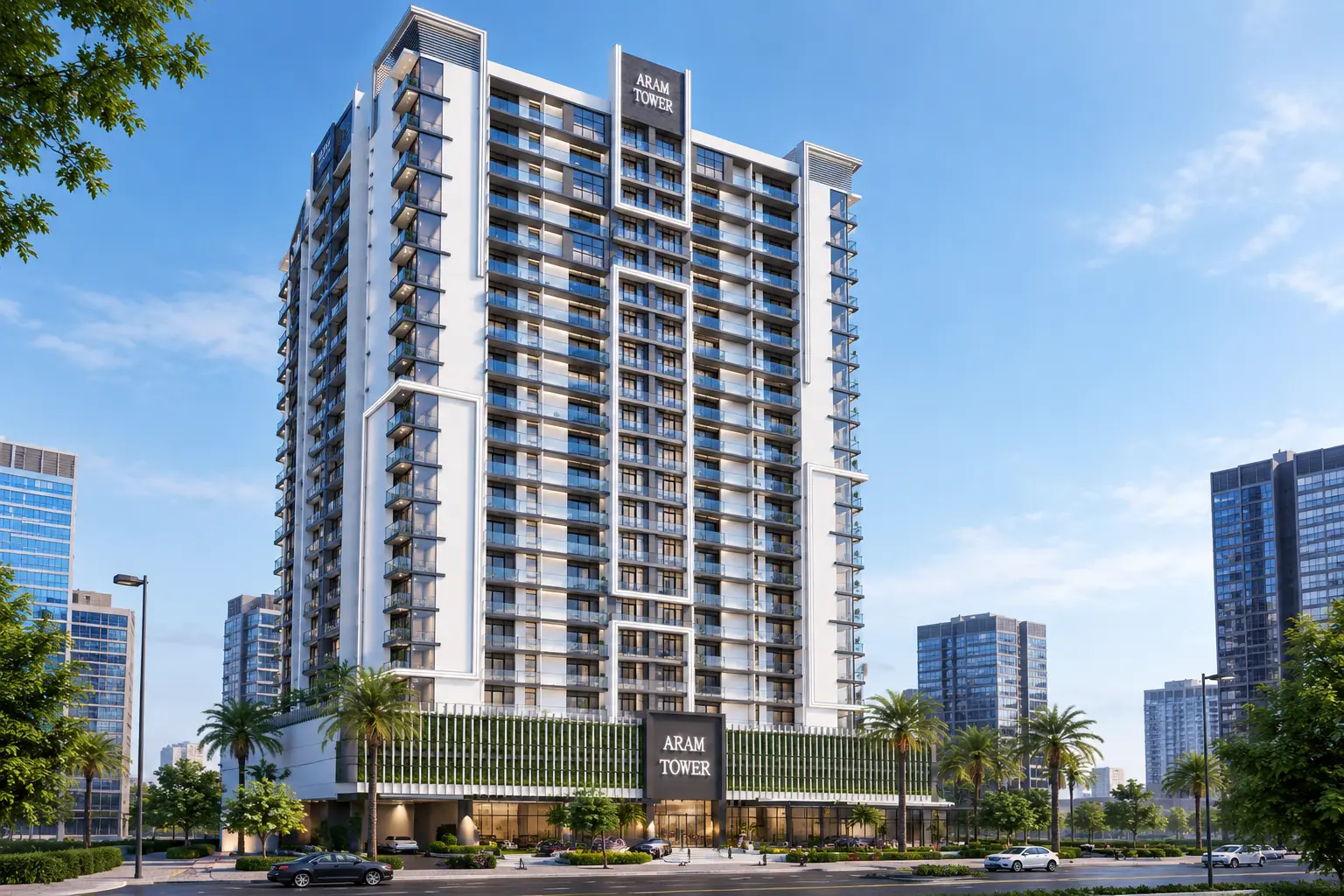 Outdoor swimming pool deck and lounge cabanas on the podium level at Aram Tower Abu Dhabi