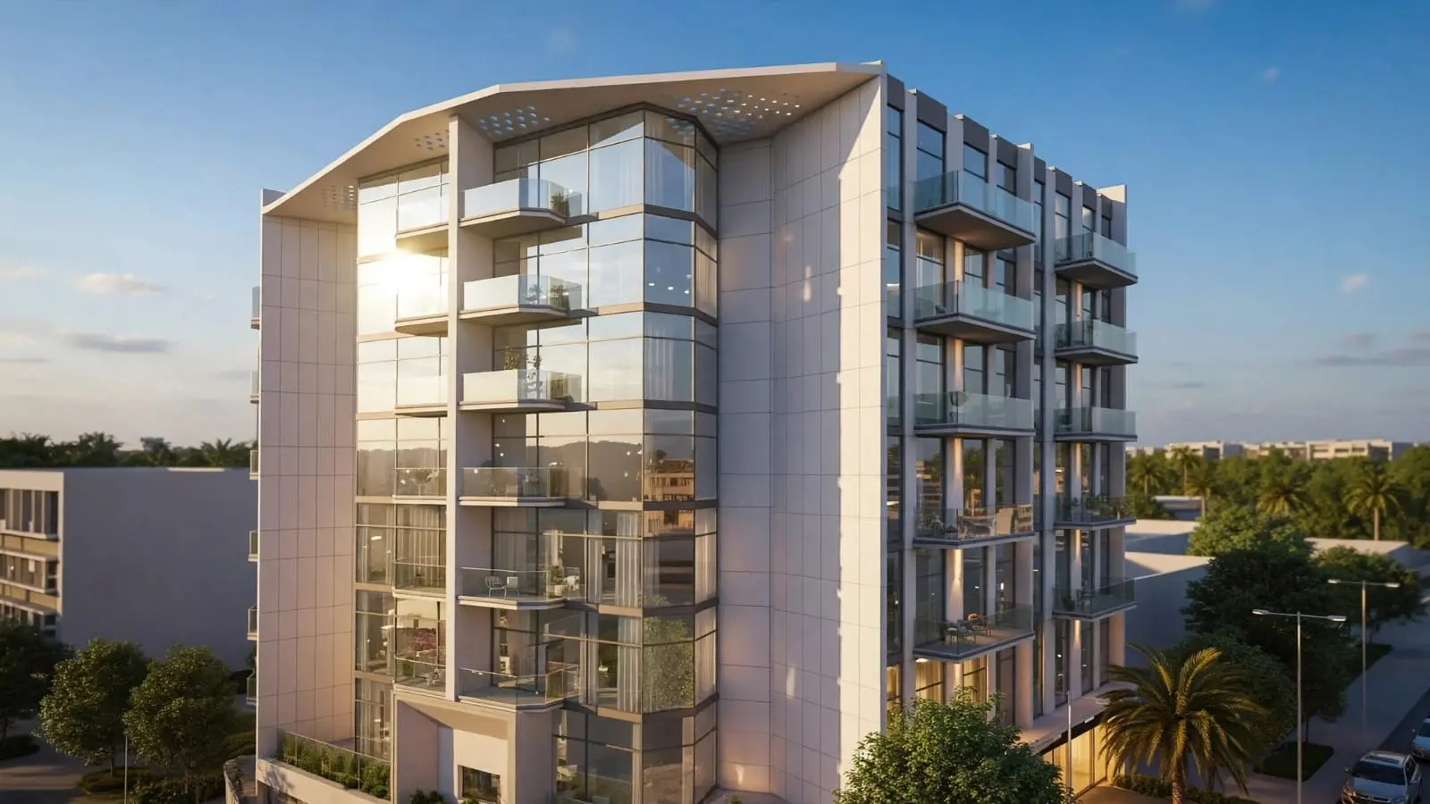 Nourwatan Residential Al Shamkha Abu Dhabi exterior view featuring contemporary building elevations, modern balconies, architectural detailing, and stylish apartment design.