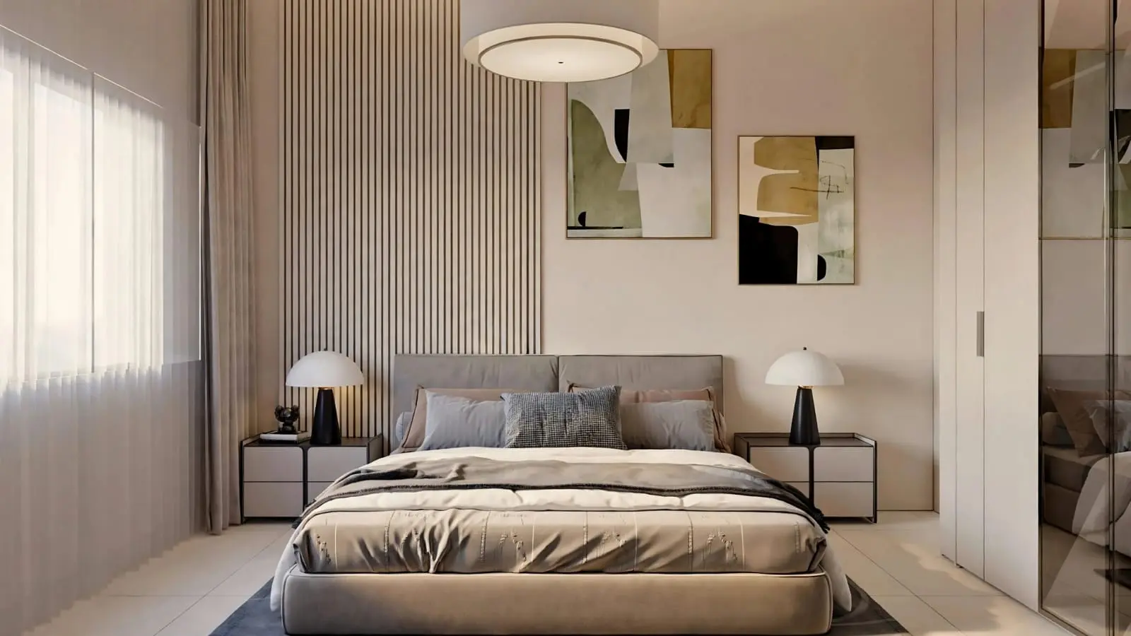Nourwatan Residential in Al Shamkha Abu Dhabi displaying a modern bedroom interior, comfortable layout, elegant details, and practical residential design.