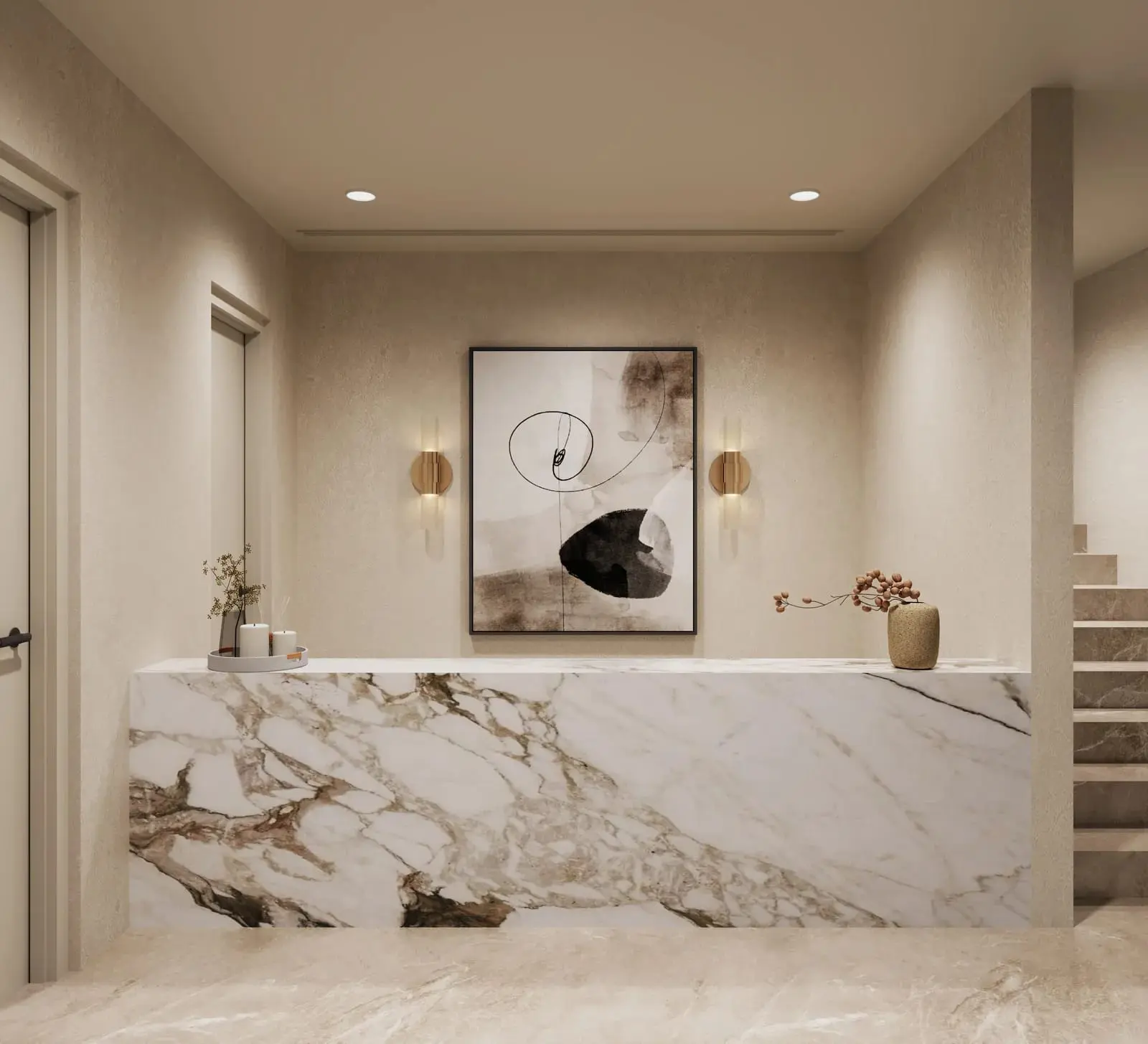 Baheen Tower Al Reem Island Abu Dhabi reception area image showcasing a marble front desk, decorative lighting, and luxury interiors.
