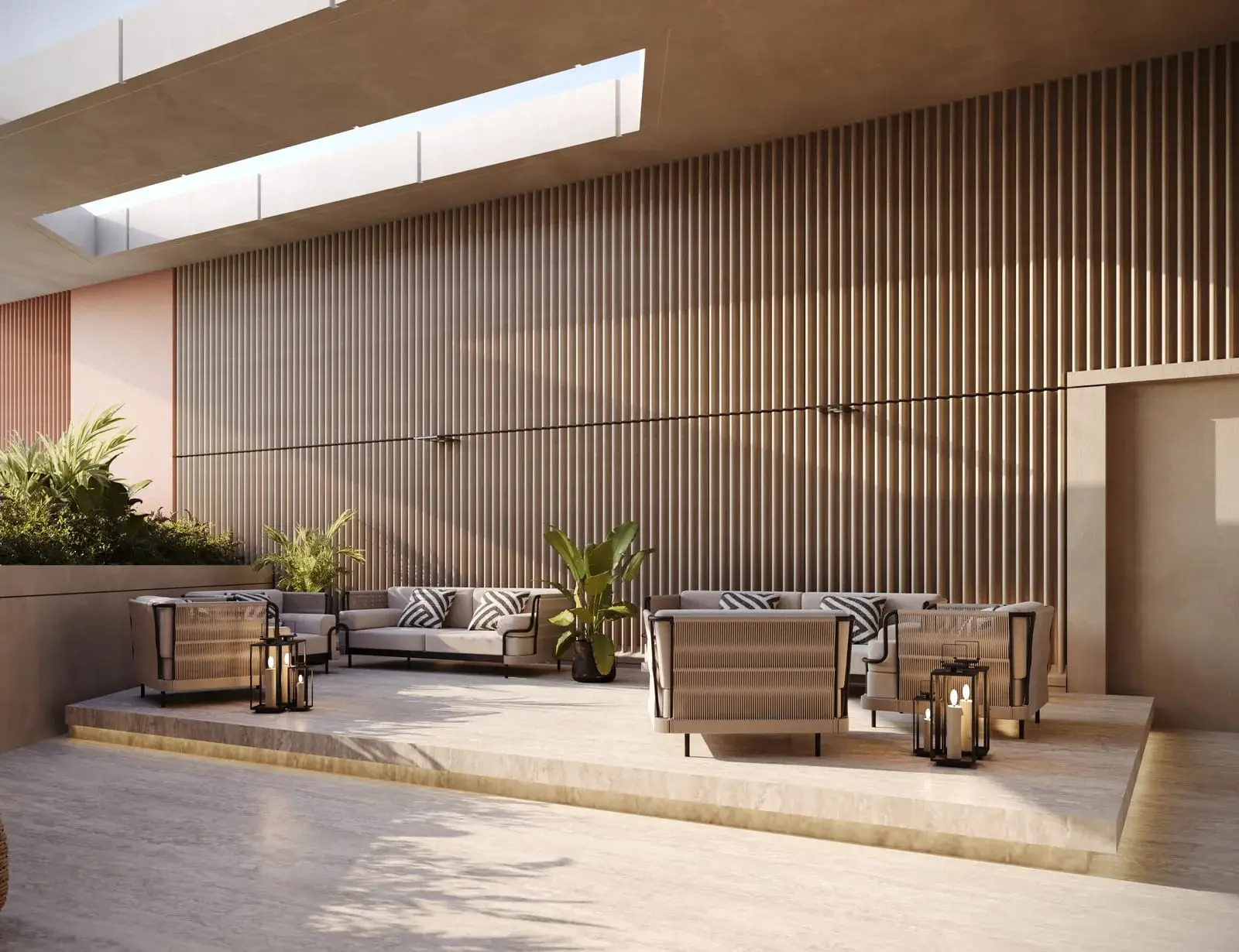 Baheen Tower Al Reem Island Abu Dhabi outdoor lounge image featuring contemporary seating, decorative plants, architectural details, and relaxing communal spaces.