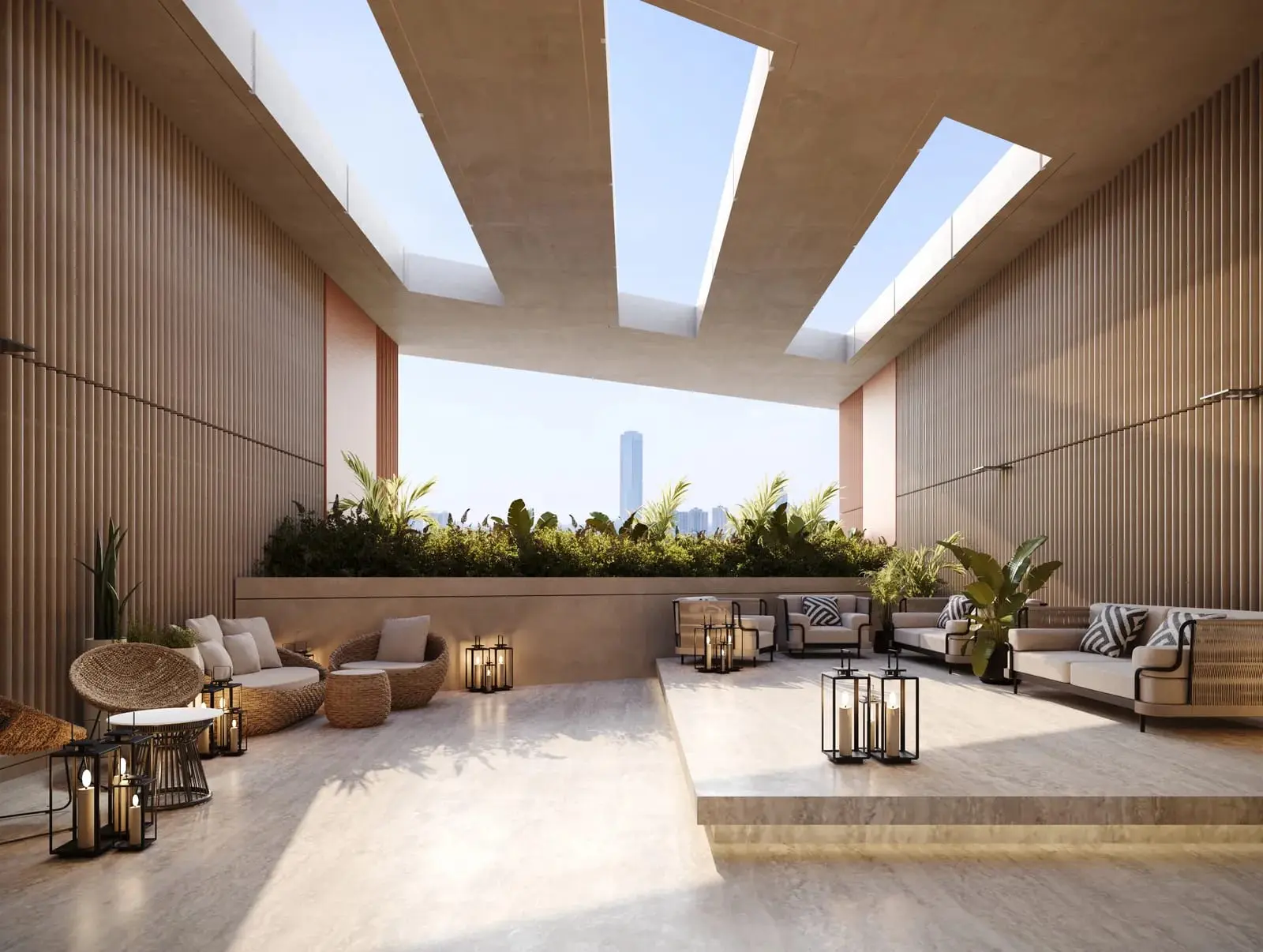 Baheen Tower Al Reem Island Abu Dhabi rooftop terrace image showcasing stylish outdoor furniture, landscaped greenery, and modern residential amenities.