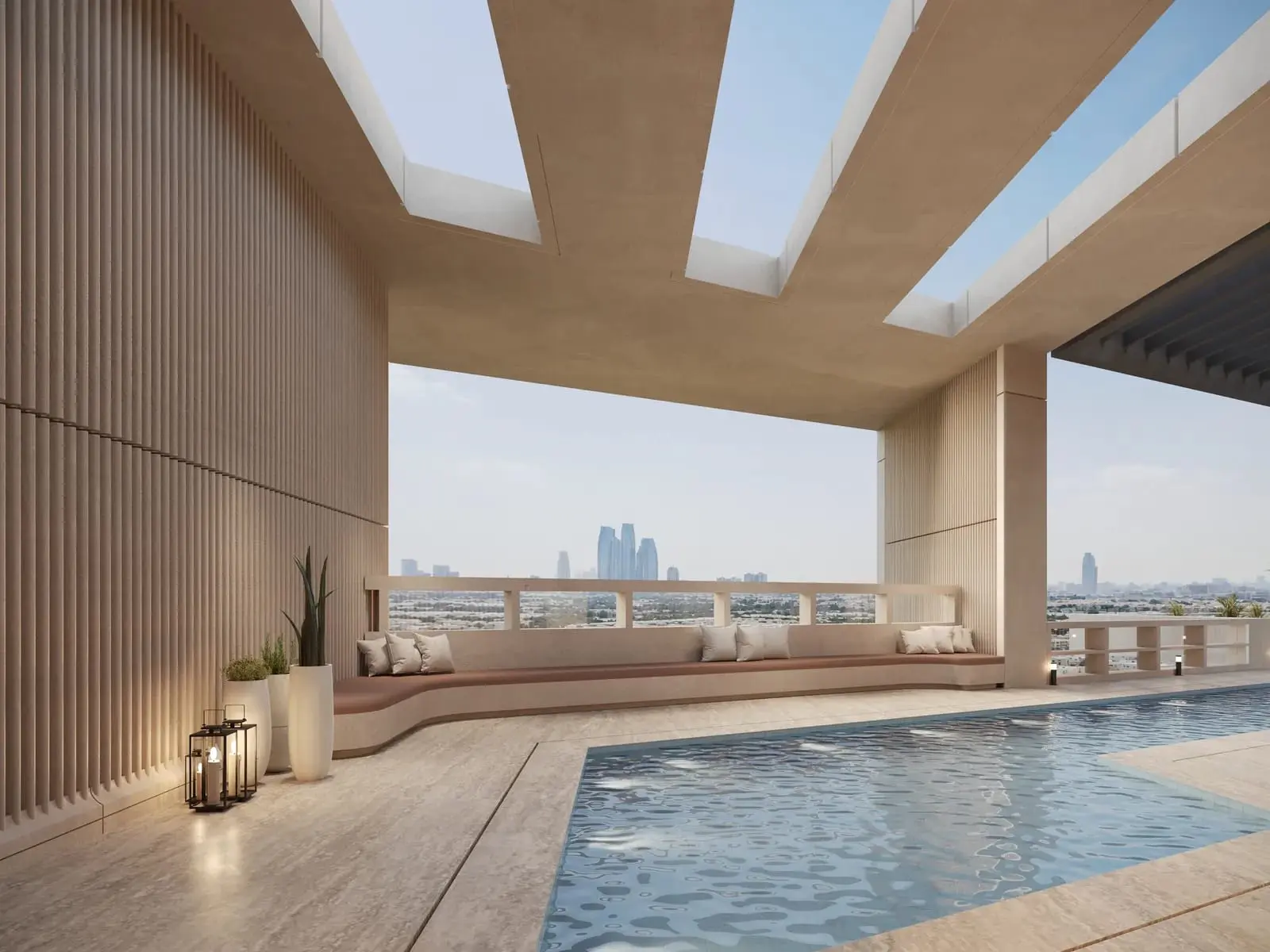 Baheen Tower Al Reem Island Abu Dhabi poolside image featuring a swimming pool, built-in seating, landscaped surroundings, and leisure facilities.