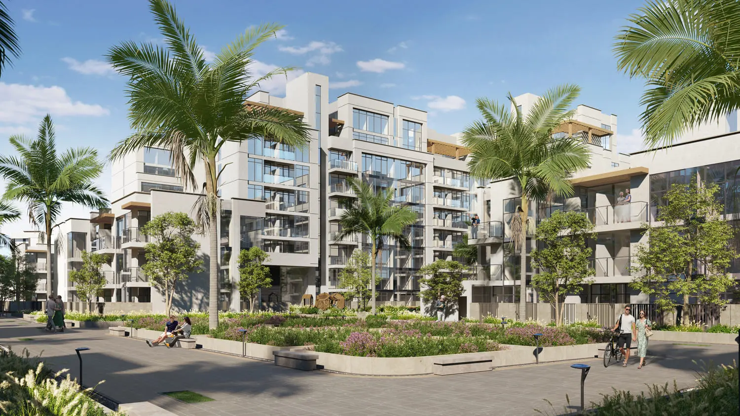 Royal Park Masdar City exterior landscaping surrounding the apartment buildings