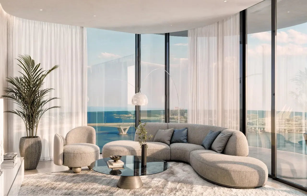 Modern living room interiors at Marlin 2 apartments on Al Reem Island, Abu Dhabi.