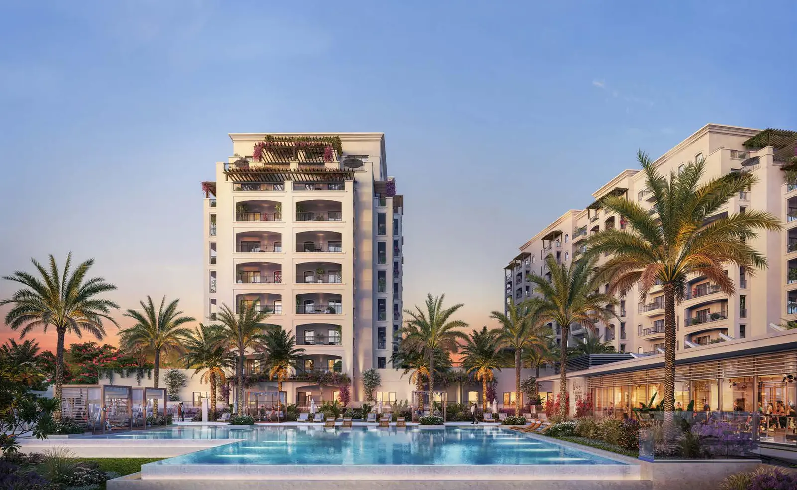 1. Exterior view of Souq Furnished Apartments Yas Island Abu Dhabi residential buildings surrounded by landscaped gardens..jpg