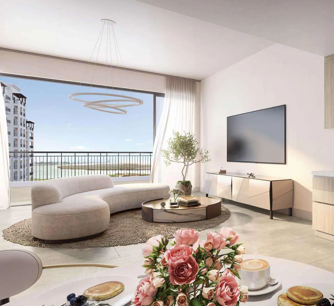 Smart home-enabled living room interior at Souq Furnished Apartments Yas Island Abu Dhabi Aldar residential project..jpg