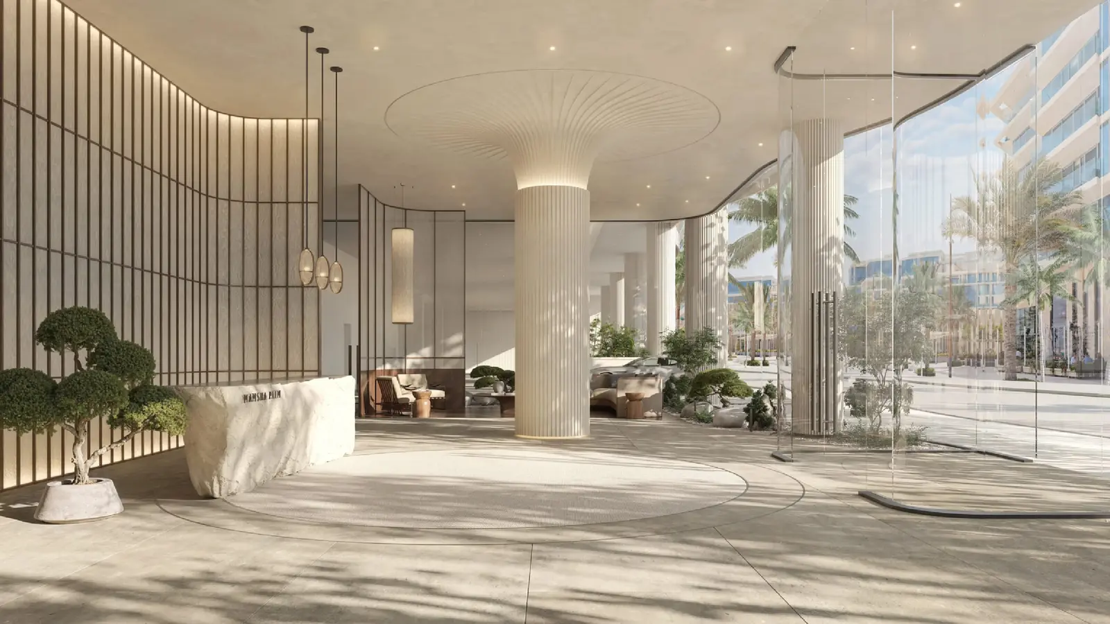 Elegant bedroom interior at Mamsha Palm Saadiyat with large windows and natural daylight