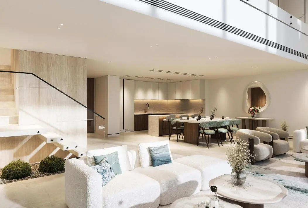 Spacious living room at Juman 3 Luluat Al Raha featuring modern interiors and luxury waterfront apartment design in Abu Dhabi..jpg
