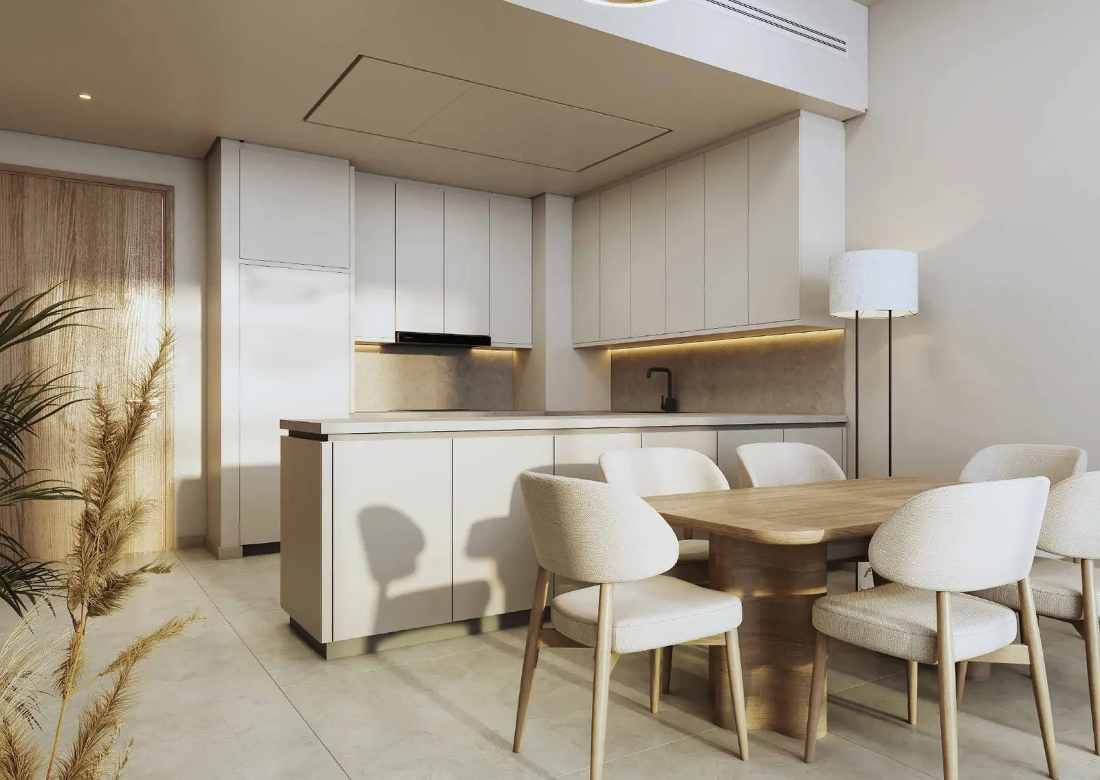 Kitchen Interior and dining view of Radiant Wave Al Reem Island showing prime waterfront location and modern tower design