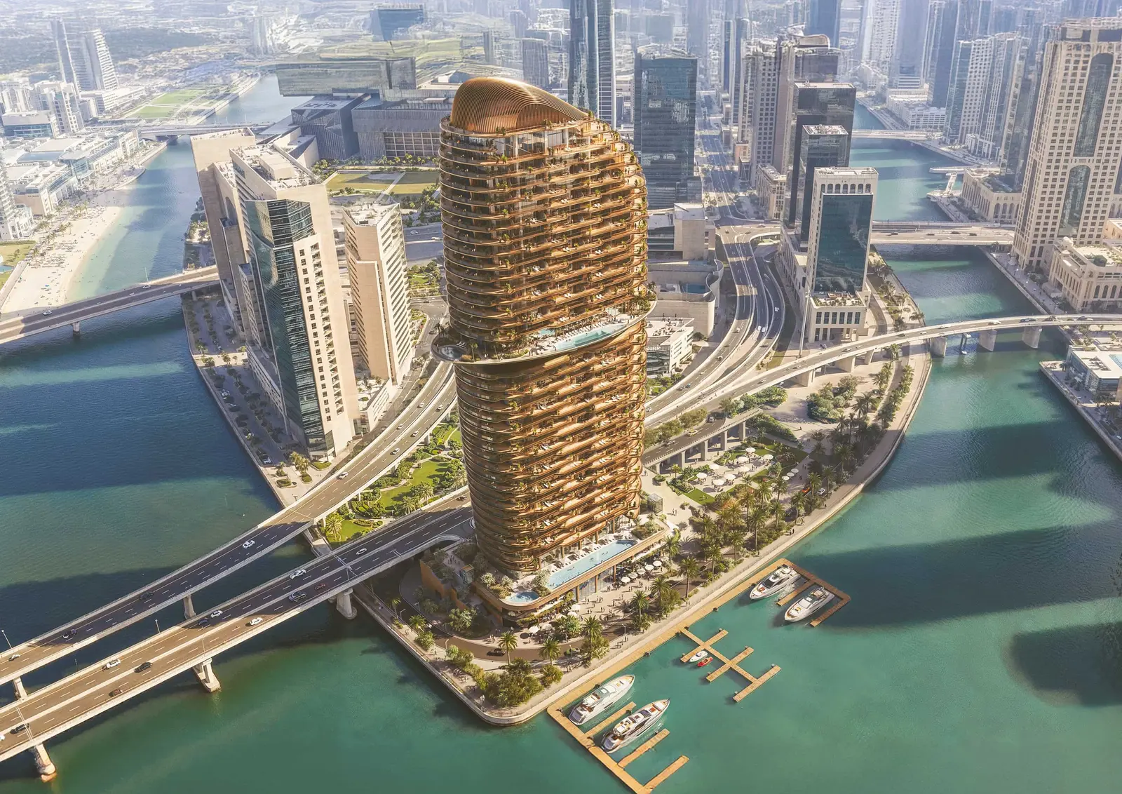 Contemporary façade of Jumeirah Residences Al Maryah Island with skyline and sea views.