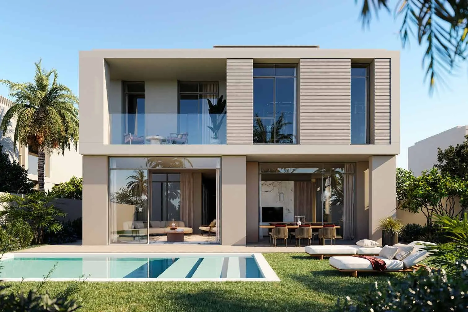 Contemporary townhouse façade at Fay Valley Masdar City Abu Dhabi UAE featuring clean architectural lines, natural tones, and lush community landscaping..jpg