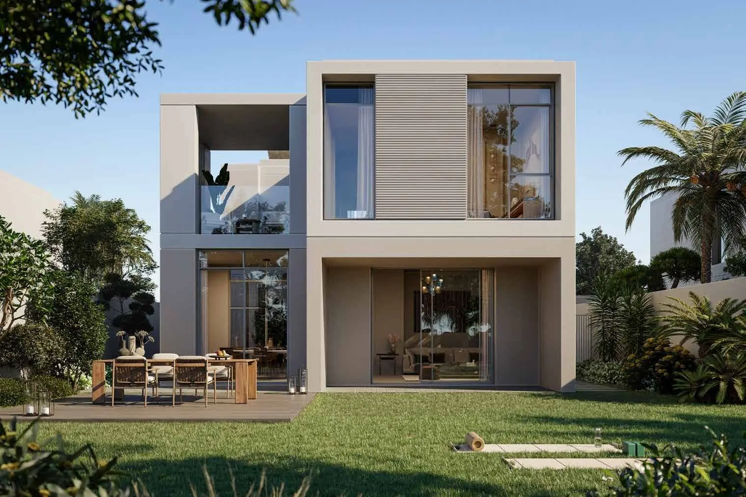 Architectural exterior of Fay Valley Masdar City Abu Dhabi UAE showing premium villas integrated with nature‑focused landscaping and open green corridors..jpg