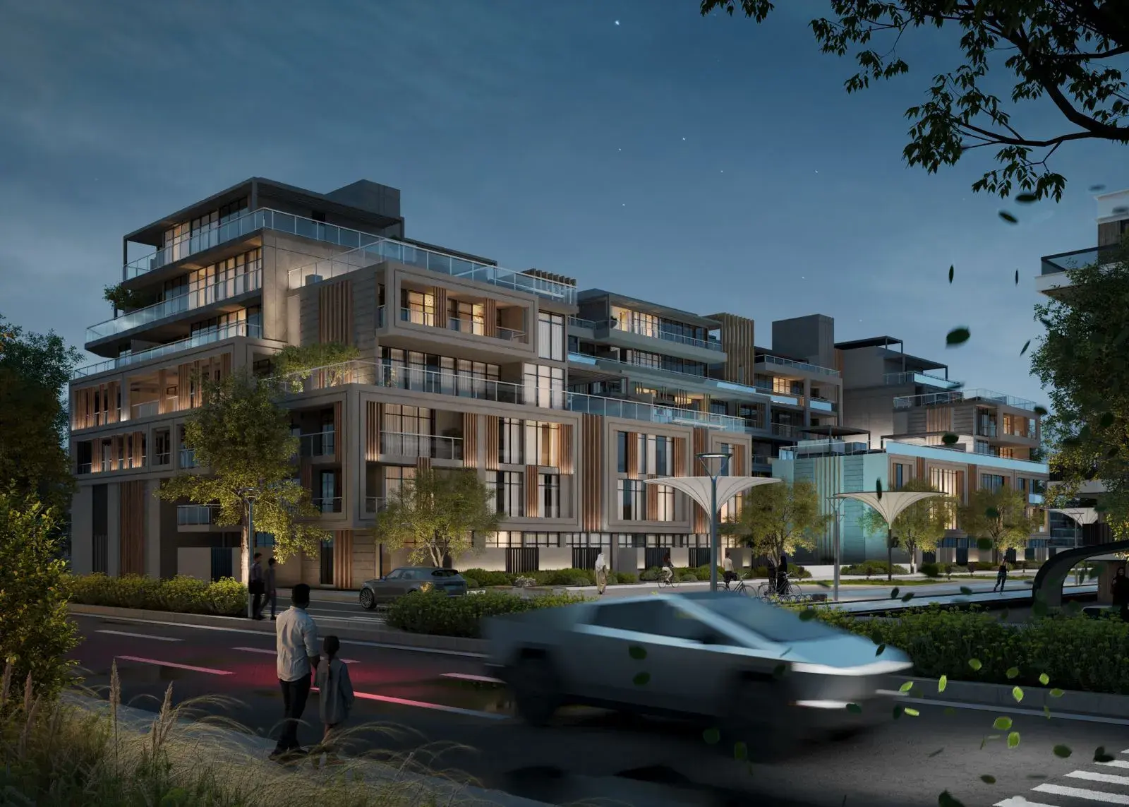 Shaded walkways and landscaped pathways connecting homes at Sila community in Masdar City, Abu Dhabi.