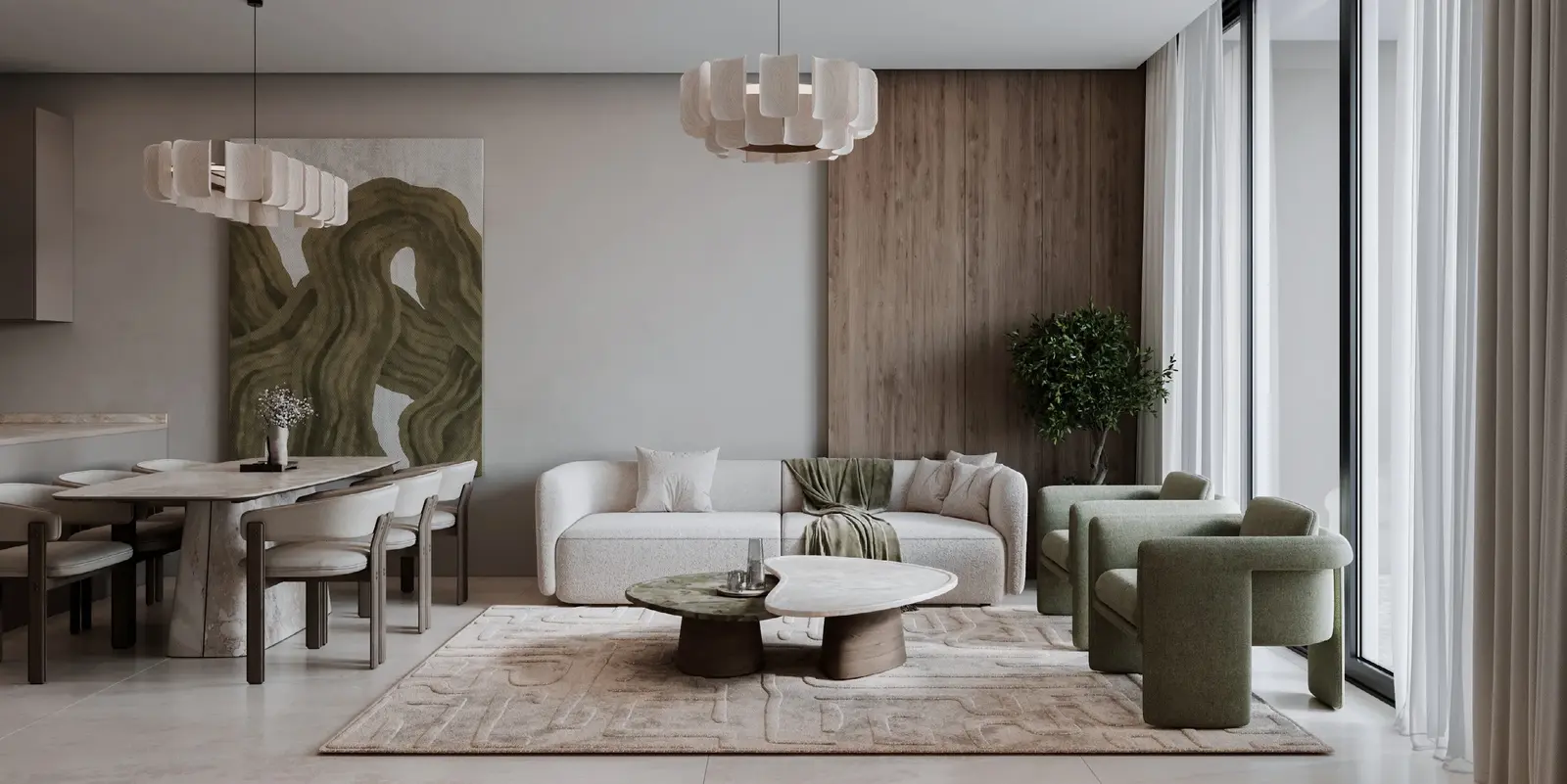 Private terrace with outdoor seating overlooking landscaped gardens at Sila, Masdar City.