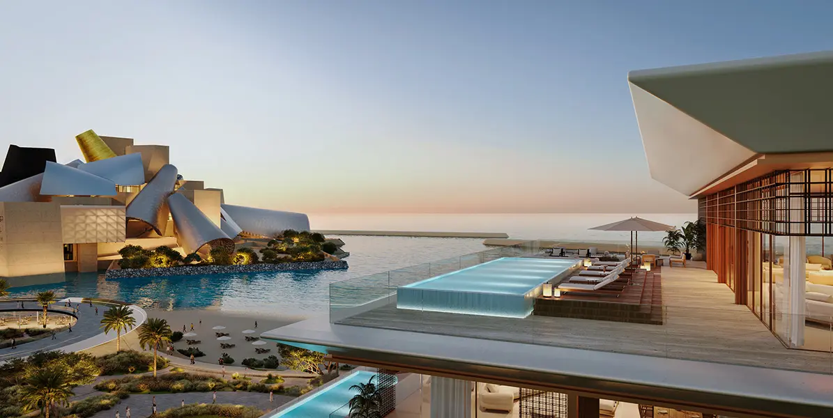 Aerial exterior view of Nobu Residences on Saadiyat Island, Abu Dhabi, highlighting its prime oceanfront position along the Arabian Gulf.