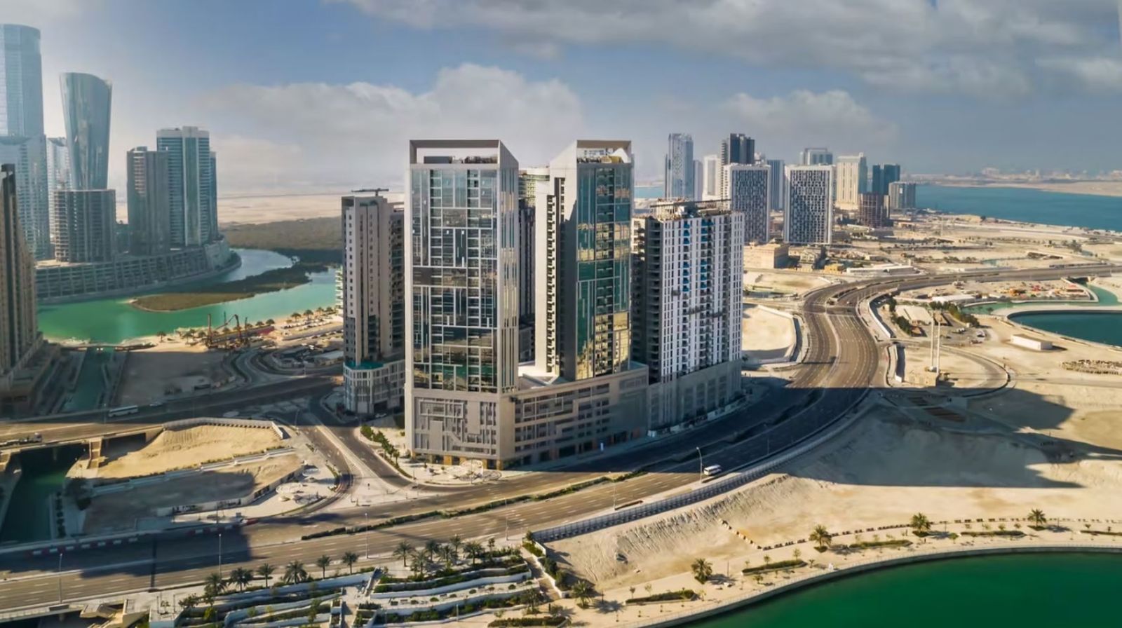 Contemporary twin residential tower exterior façade of Al Jeel Towers in Shams Abu Dhabi on Al Reem Island.